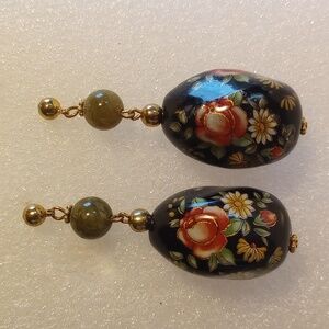 VINTAGE CLOISONNE HAND PAINTED PORCELAIN DANGLE/DROP EARRINGS 2 1/4" LONG.
